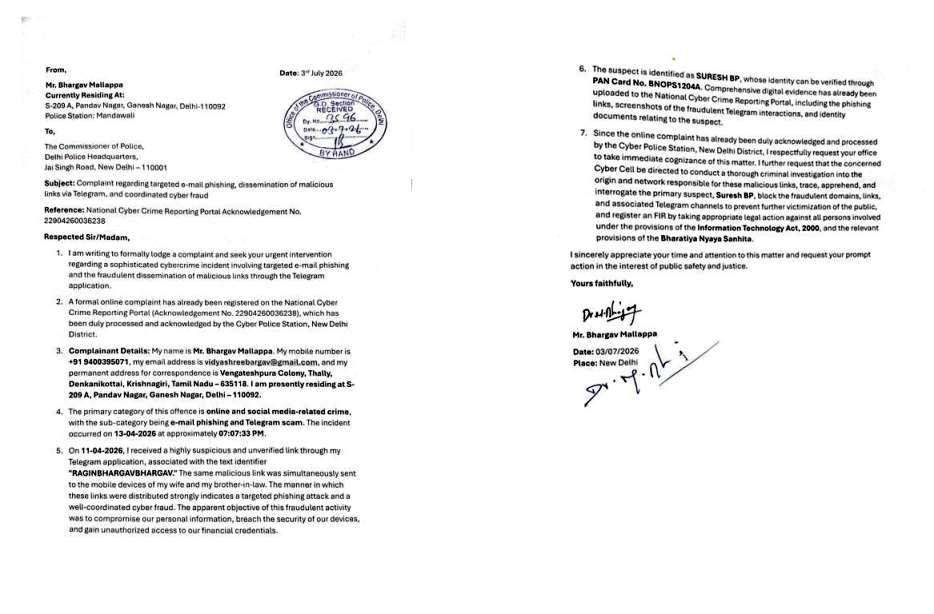 Same Malicious Link Sent to Three Family Members’: Complaint Seeks Delhi Police Probe into Telegram Scam